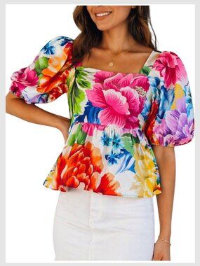Farm Rio Chita Floral Peplum Top Puff Sleeve Square Neck XS